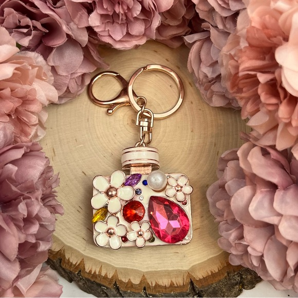 Pink Crystal Flower Perfume Bottle Keychain Charm - Picture 10 of 16